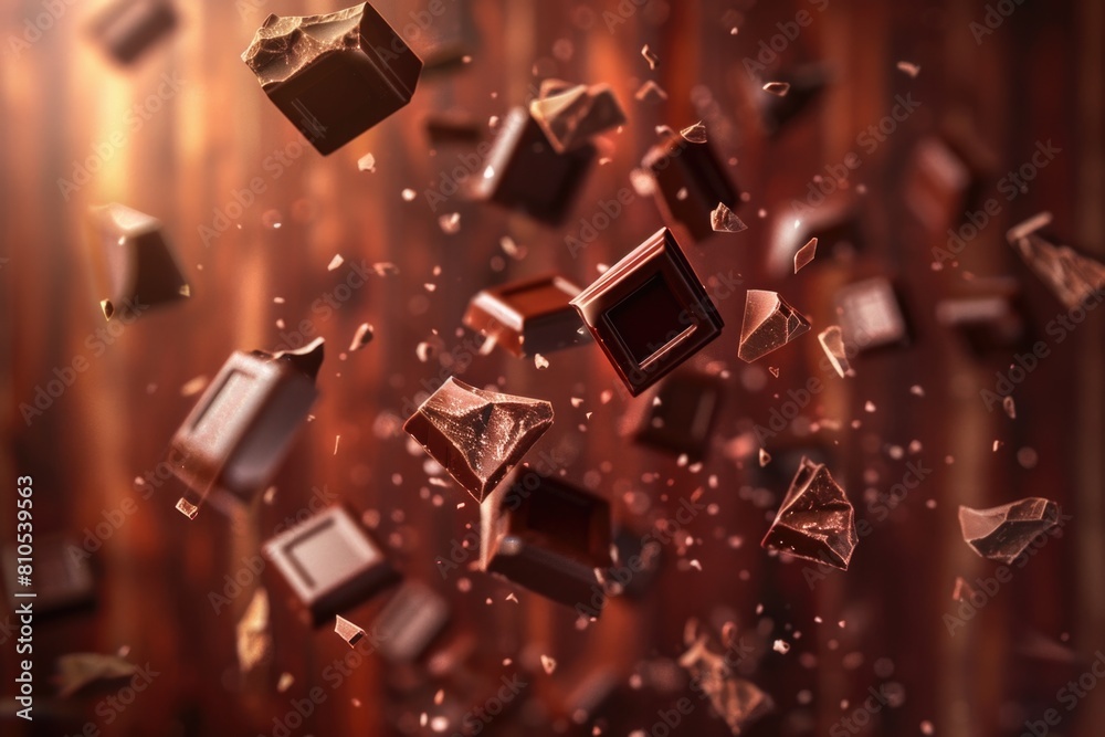 Flying Chocolate Pieces on Cherry Wood Background, Illuminated by Ethereal Sunlight Flying Chocolate Pieces on Cherry Wood Background, Illuminated by Ethereal Sunlight