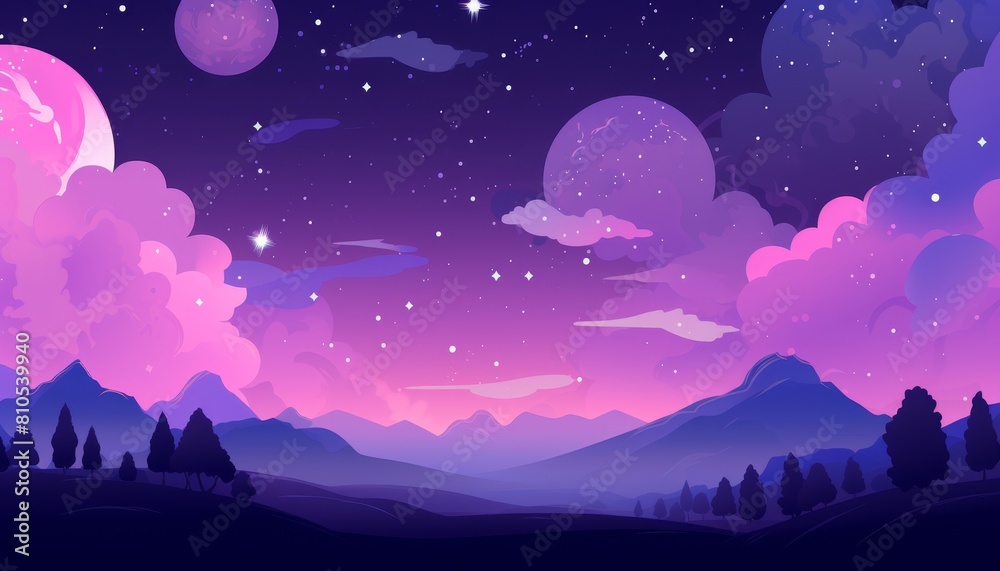 A beautiful landscape with a purple sky. Mountains in the distance and a forest in the foreground. A beautiful landscape with a purple sky. Mountains in the distance and a forest in the foreground.