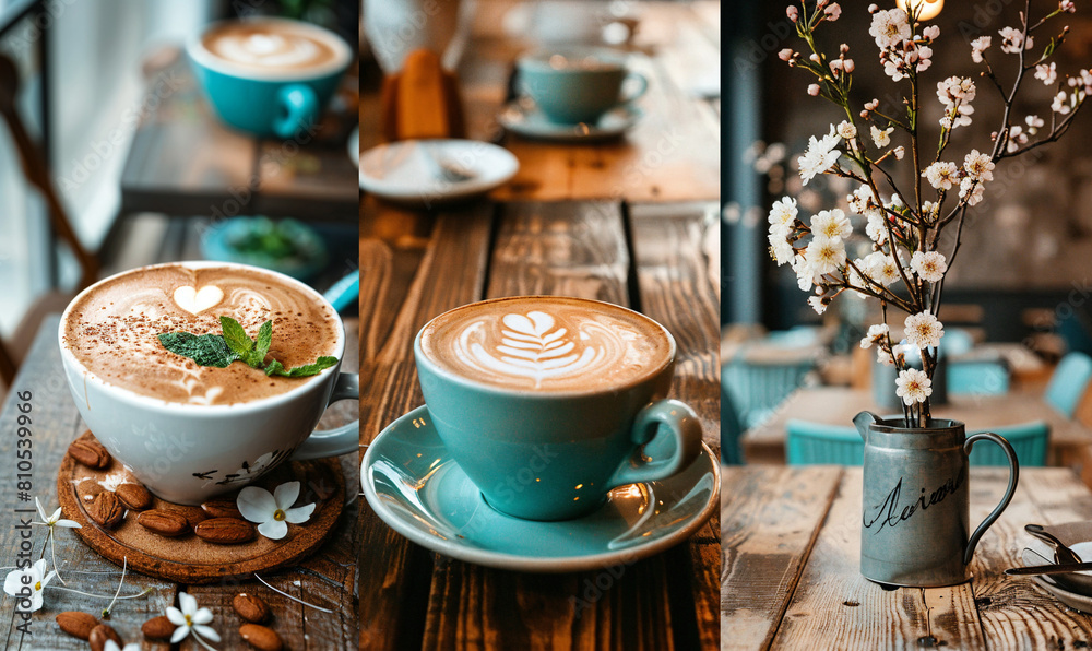 A beautiful cafe coffee, with double shot Arabica beans. Cafe setting, bespoke and high end, interior design, minimalism and authenticity.