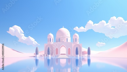 The image is a beautiful landscape with a pink palace-like structure in the center photo