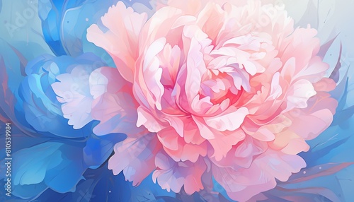 The image is of a beautiful flower with soft pink petals and a blue background. The petals are delicate and seem to be glowing. The image is very calming and peaceful.