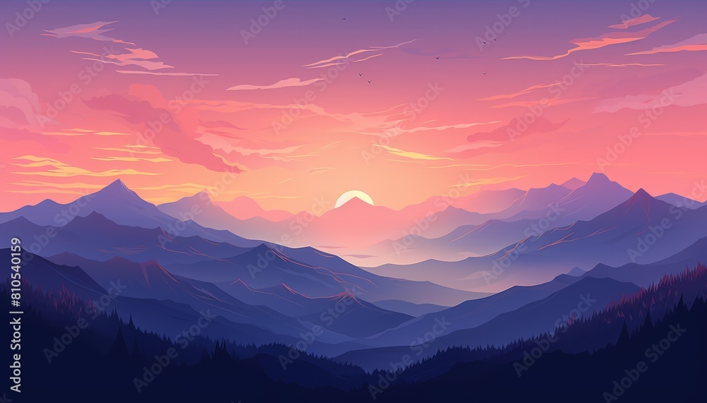 The image shows a beautiful mountain landscape with a vibrant sunset