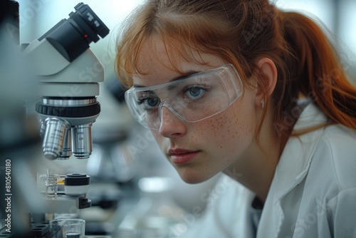A female zoologist peers into a microscope, her eyes focused intently on the intricate details of a specimen, immersed in the world of science and discovery. photo