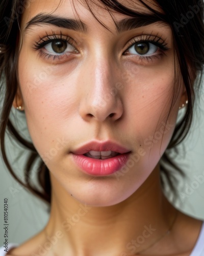 A beautiful brunette with black hair, big hazel eyes and full lips, a close up of a beautiful face