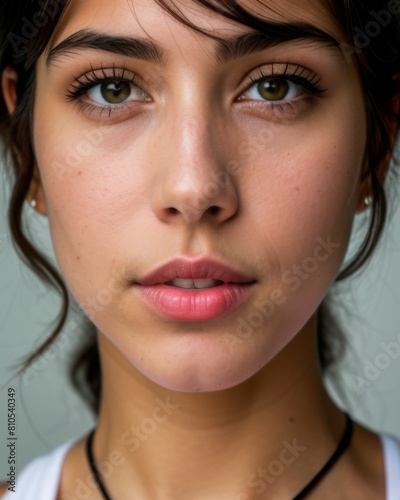A beautiful brunette with black hair, big hazel eyes and full lips, a close up of a beautiful face