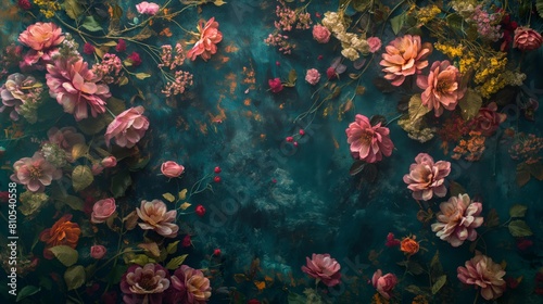 Baroque Fine Art Floral Backdrop with Cinematic Lighting in Ultra-Wide Shot