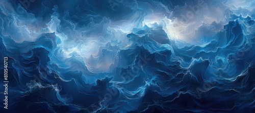  A digital painting of dark storm clouds, swirling and crashing with lightning in shades of deep blue and white. Created with Ai