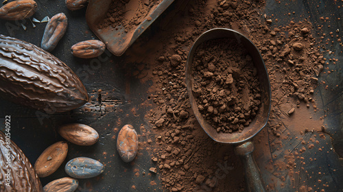 Pod and scoop with cocoa powder on table