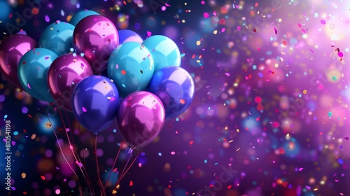 An energetic scene filled with balloons and confetti in shades of purple, blue, and green