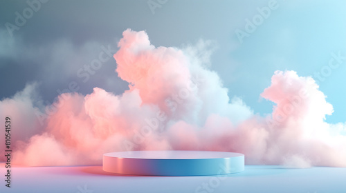 The round empty podium has a pastel pink and blue colored smoke cloud background for a product presentation