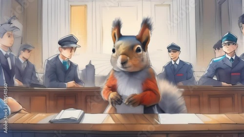A squirrel dressed in a suit and tie sits at a table in a courtroom, facing a group of human observers. The humorous image plays on the idea of animals taking on human roles and professions.  photo