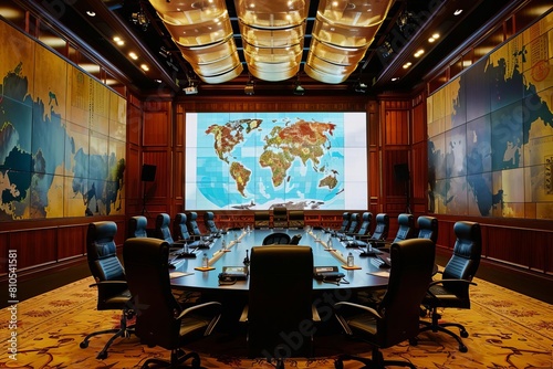 Show a virtual meeting room with international delegates discussing global treaties photo