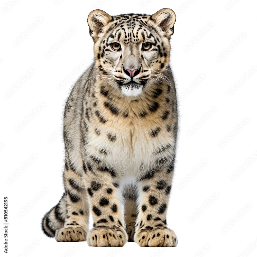 A snow leopard is sitting on a rock, looking at the camera A snow leopard is sitting on a rock, looking at the camera