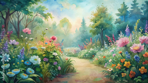 Watercolor background of blooming wildflowers in a secluded garden