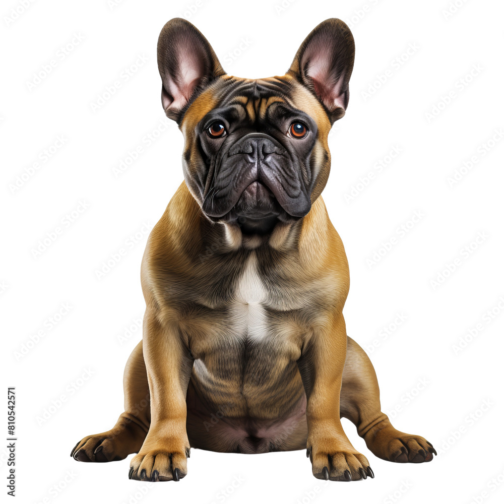 A studio photo of a French Bulldog sitting on a seamless black background.