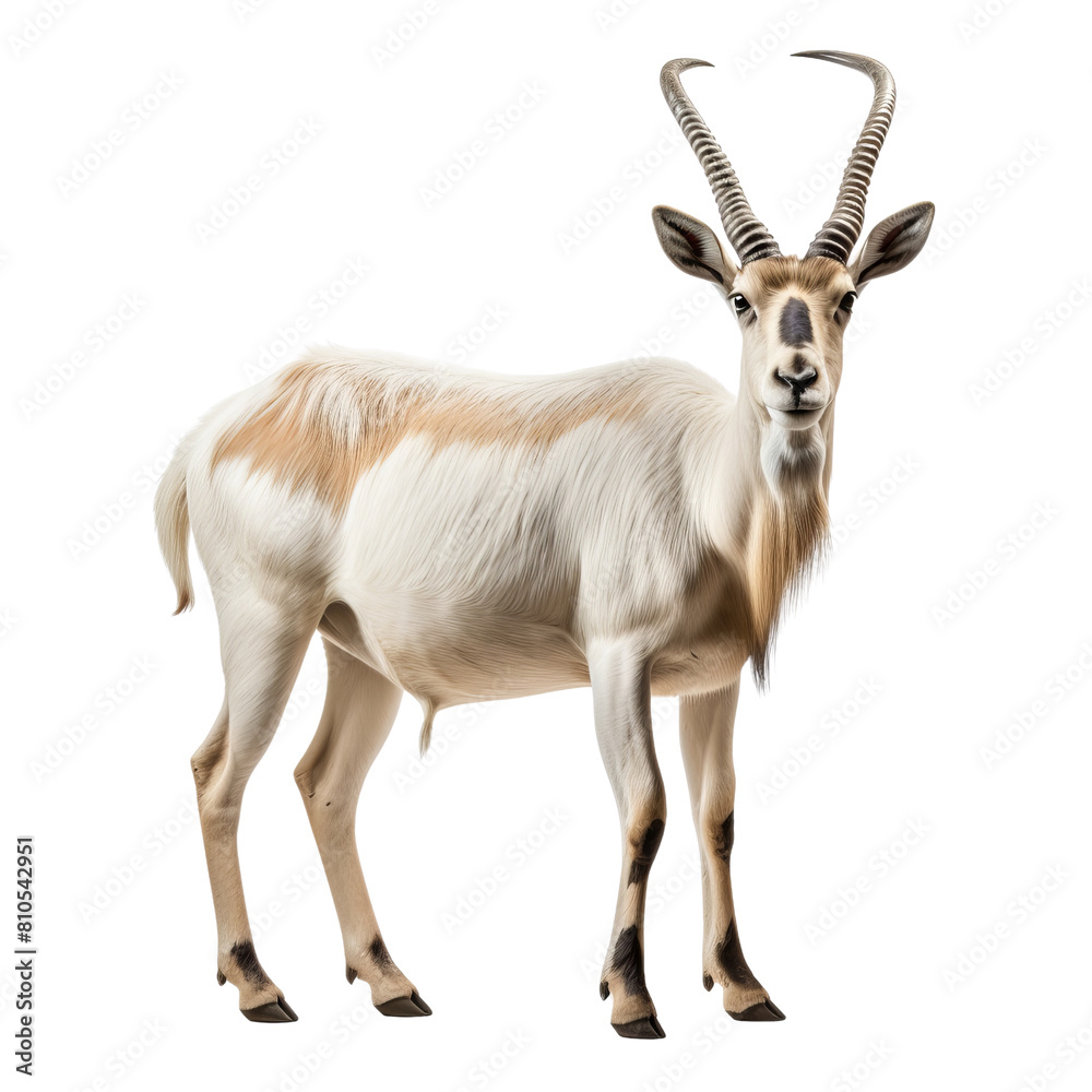 An addax, also known as the white antelope, is a large antelope native to the Sahara desert