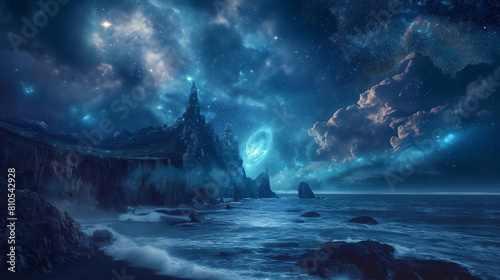 A dramatic coastline with cliffs that tower over a magical sea, where bioluminescent waves crash under a starry sky, rendered in a cinematic wide format