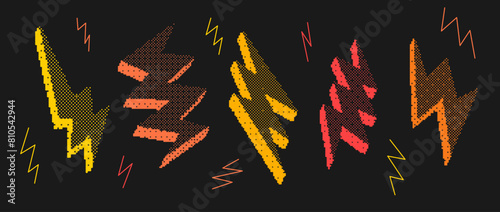 Bitmap textured lightning bolt set. Dither halftone thunderbolt collection. Orange, red, yellow strikes or arrow elements for banner, poster, leaflet. Pixelated 3d raster effect bundle. Vector pack