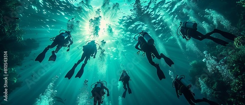 A deep-sea exploration scene where divers follow a trail of floating keys, symbolizing the quest for knowledge