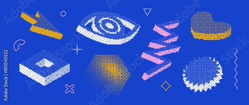 Bitmap pixelated shape set. Dither halftone geometric object collection. Eye, arrow, zigzag, heart, hexagon, star elements for banner, poster, leaflet. Pixel 3d raster effect bundle. Vector pack