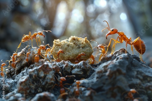 A bunch of ants carry a piece of food together, embodying the concept of solidarity and cooperation, close-up，Unified Ant Colony: Cooperation and Teamwork in Nature   4K HD Wallpaper © Da