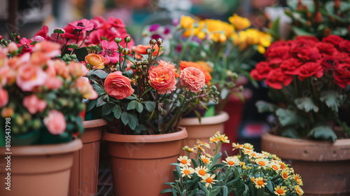 Pots with beautiful flowers on street market