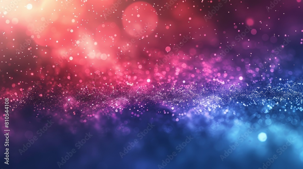 Red, blue and purple particles of dust are floating around in space and illuminated by a bright light source. Red, blue and purple particles of dust are floating around in space and illuminated by a bright light source.