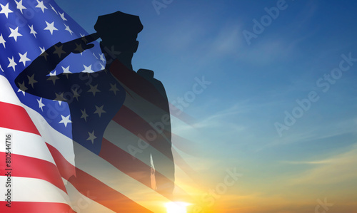 Silhouette of police man with USA flag against the sunset. National Police Week concept. EPS10 vector photo