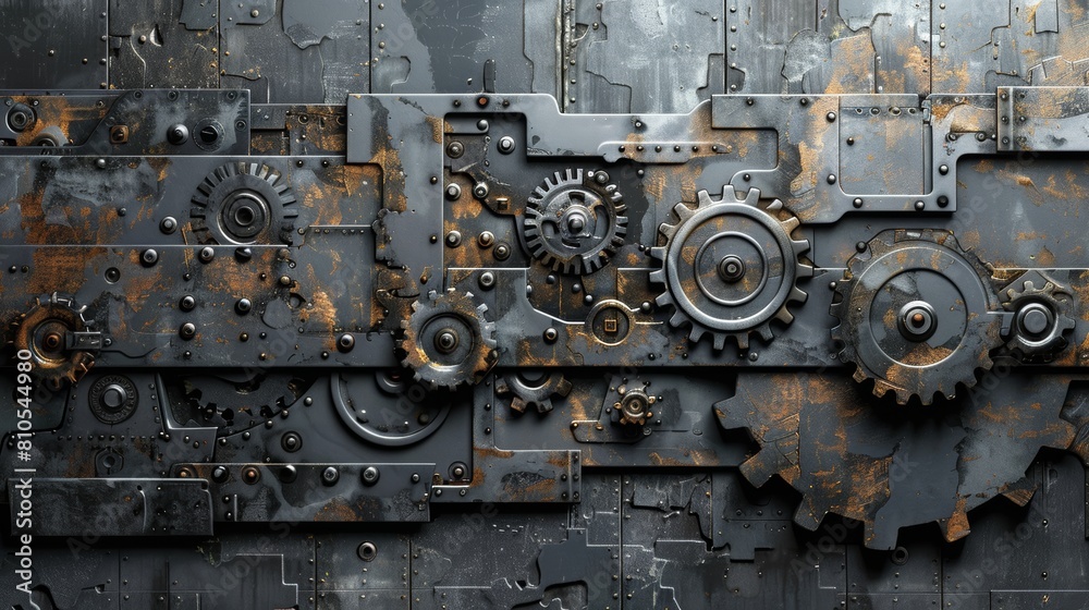 Rusty gears and cogs on a metal background.