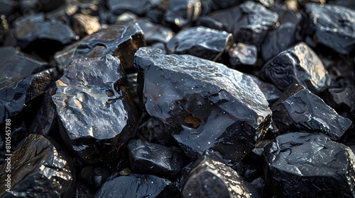 A close-up shot of glossy black obsidian rocks, their glassy surfaces reflecting the surrounding landscape with a mesmerizing sheen