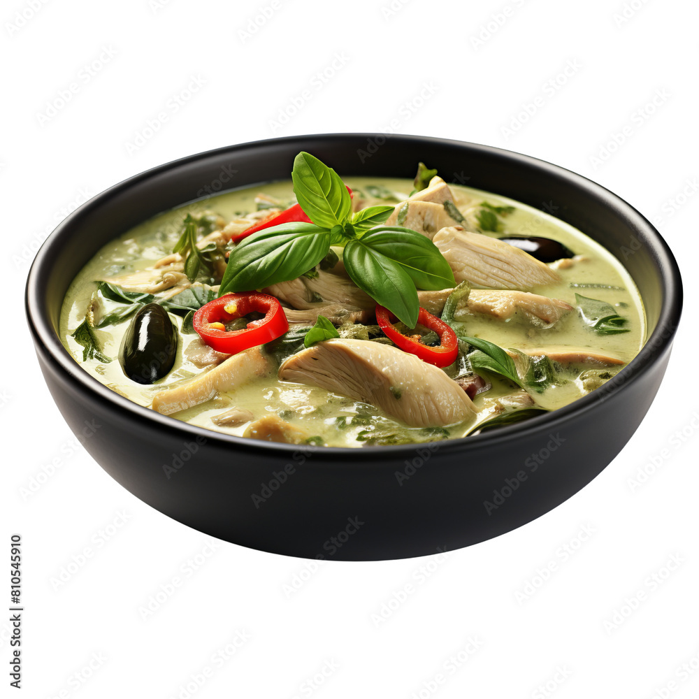 Green chicken curry with vegetables and rice in a black bowl on a white background.