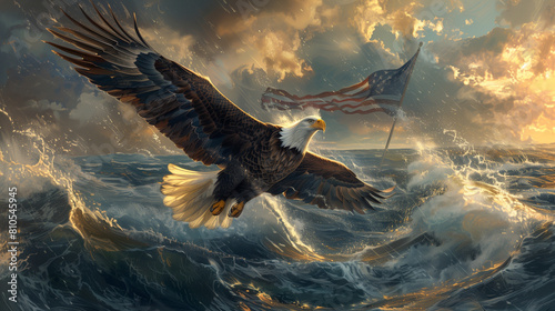 Soaring Bald Eagle & vibrant flag, American freedom takes flight. Celebrate 4th of July.  photo