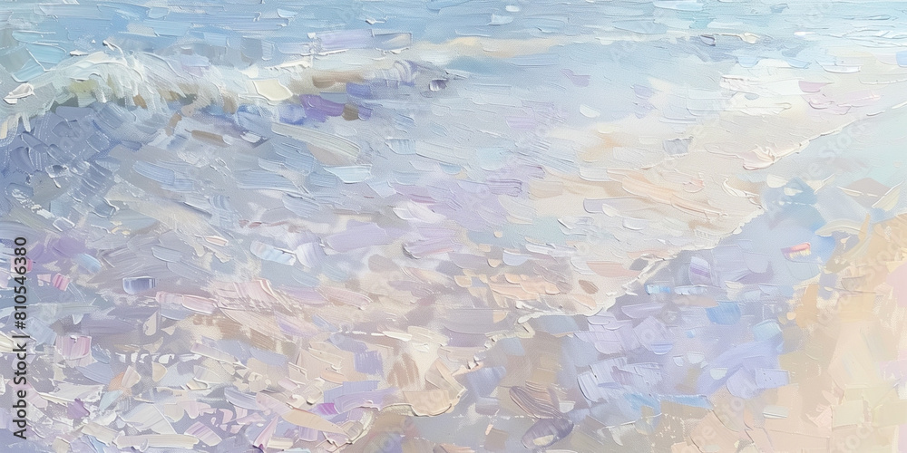 Abstract ocean waves watercolor background with copy space. Tranquil sea shore wave texture impressionist acrylic painting in light blue, yellow, white colors. Beach vacation banner