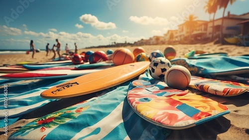 Assorted beach toys on sand with surfboards photo