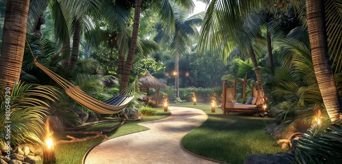 A lush tropical backyard with a variety of palm trees, a hammock slung in a cozy nook, and a path lined with torches for evening ambiance. 32k, full ultra hd, high resolution