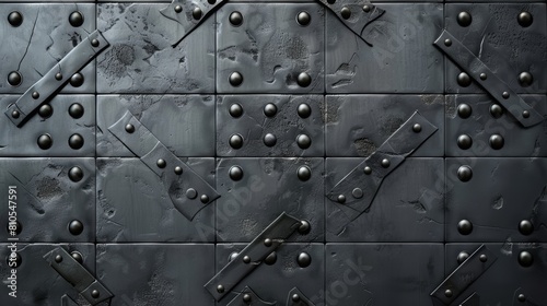 The image is a close-up of a metal door with rivets and bolts. The door is painted black and has a rough texture.