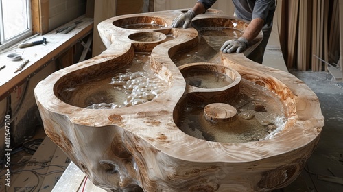 A photo shows someone wearing gloves and sanding down an oval wooden table with circular cutouts in the top and bottom surfaces to create two different tables. The person is standing at one end, holdi photo