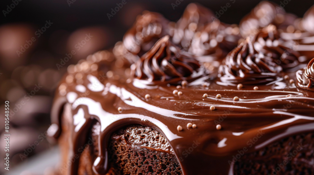 Close-up of a decadent chocolate cake topped with glossy chocolate frosting and intricate icing details. Close-up of a decadent chocolate cake topped with glossy chocolate frosting and intricate icing details.