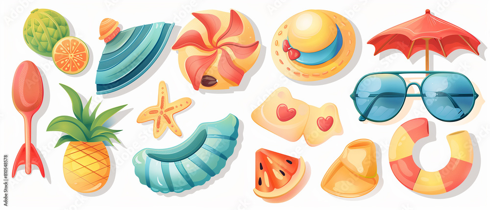 Vibrant summer items on a white background. Perfect for creating summer-inspired visuals. Vibrant summer items on a white background. Perfect for creating summer-inspired visuals.