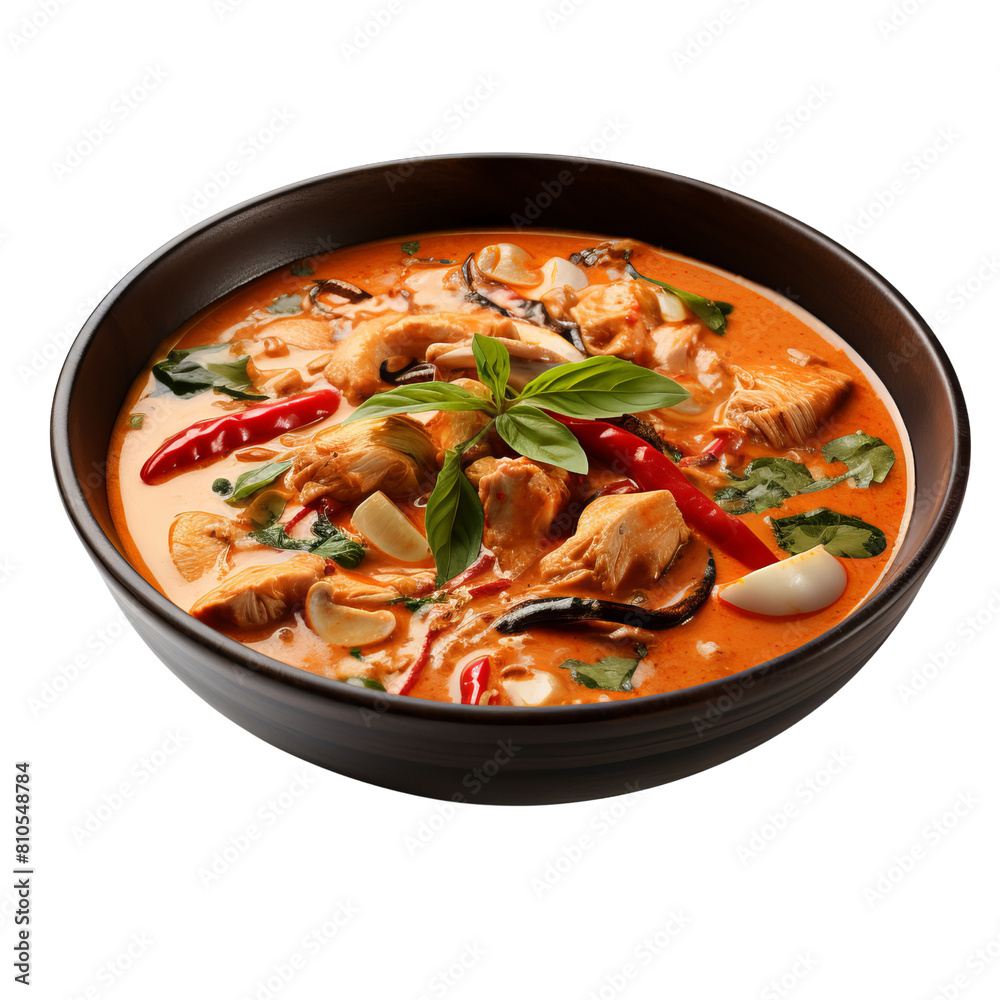 Tom Yum Soup - traditional spicy and sour Thai soup with chicken, mushrooms, tomatoes and basil leaves Tom Yum Soup - traditional spicy and sour Thai soup with chicken, mushrooms, tomatoes and basil leaves