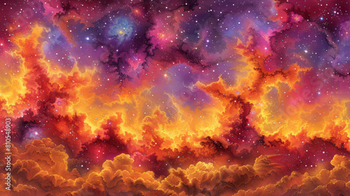 A painting of a colorful sky with orange clouds and stars photo