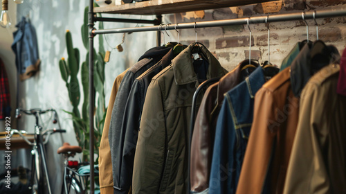 Rack with stylish jackets and bicycle near light wall