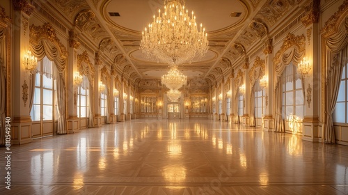 Opulent Ballroom Interior with Crystal Chandeliers and Golden Accents Background