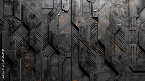 Fototapeta Naklejka Na Ścianę i Meble -  The image is a dark, metallic surface with a lot of detail. It looks like it could be a spaceship or a robot.