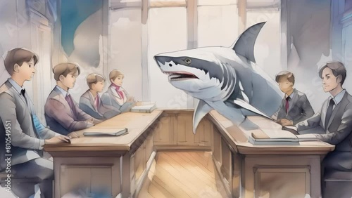 A large shark hovers menacingly in a courtroom, its sharp teeth bared towards a group of startled professionals.  photo