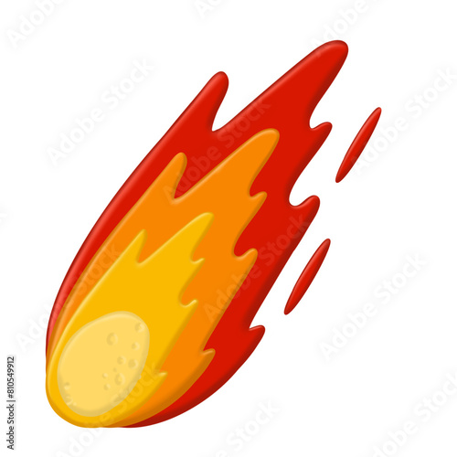 Meteor with trail of fire. Celestial object. Flying in sky. Cartoon flat illustration. Comet with tail. Dangerous space object. Big asteroid. Stars and astronom photo