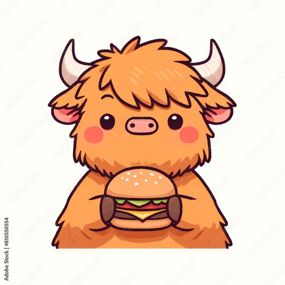 Cute cartoon yak eating a big delicious burger.