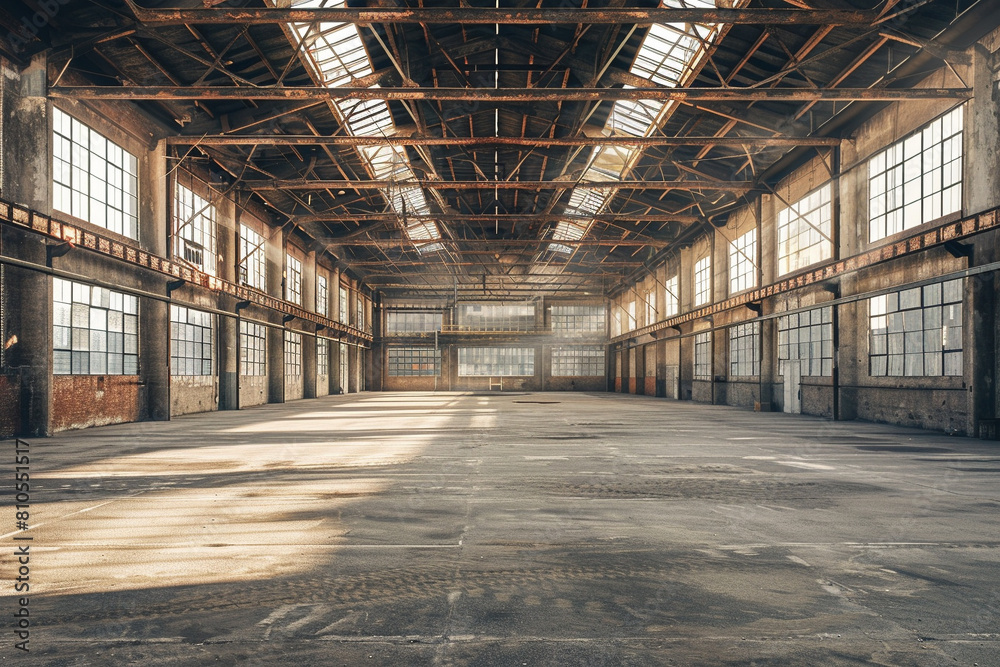 Empty old warehouse factory building, Sun light ray..