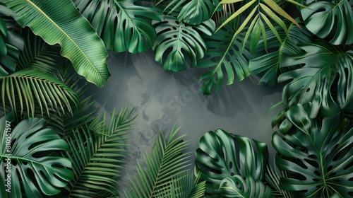 Large tropical leaves on a gray background. The concept of nature. Natural background.