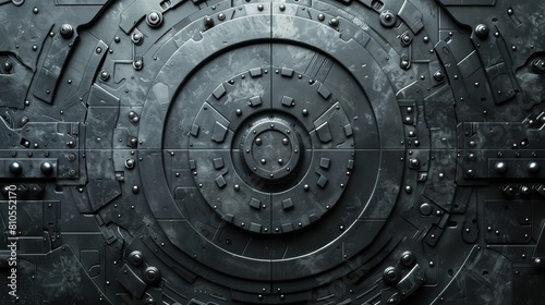 The image is a dark, metallic door with a circular pattern in the center. It is surrounded by rivets and bolts. The door is slightly open, and there is a light coming from inside.